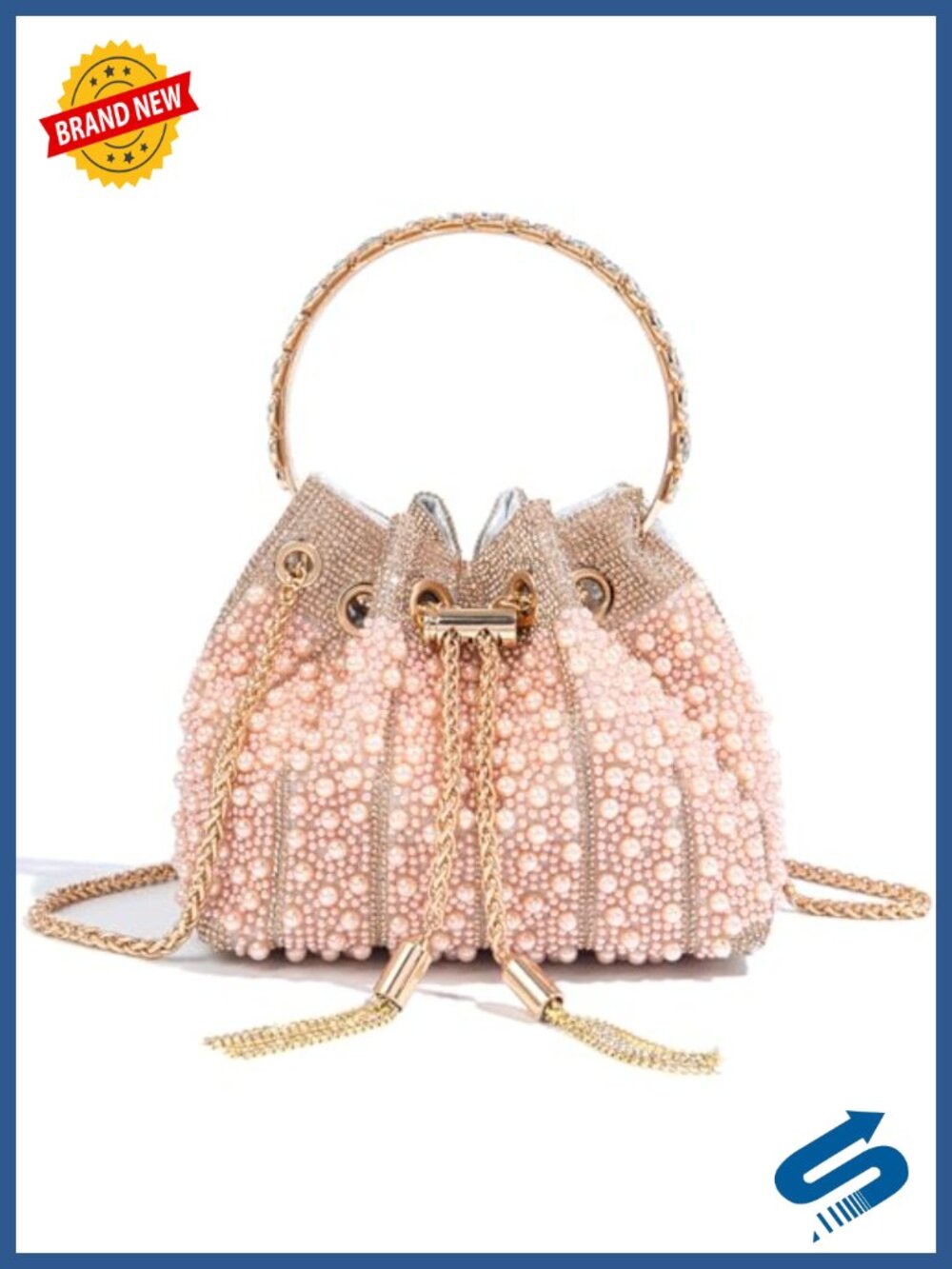 Faux Pearl Rhinestone Clutch Crossbody Bucket Evening Bag Wedding Party